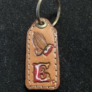 Brown Leather Keychain with Red Letter E